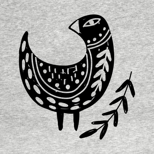 Folk Art Bird with Branch of Leaves in Black by Pixelchicken